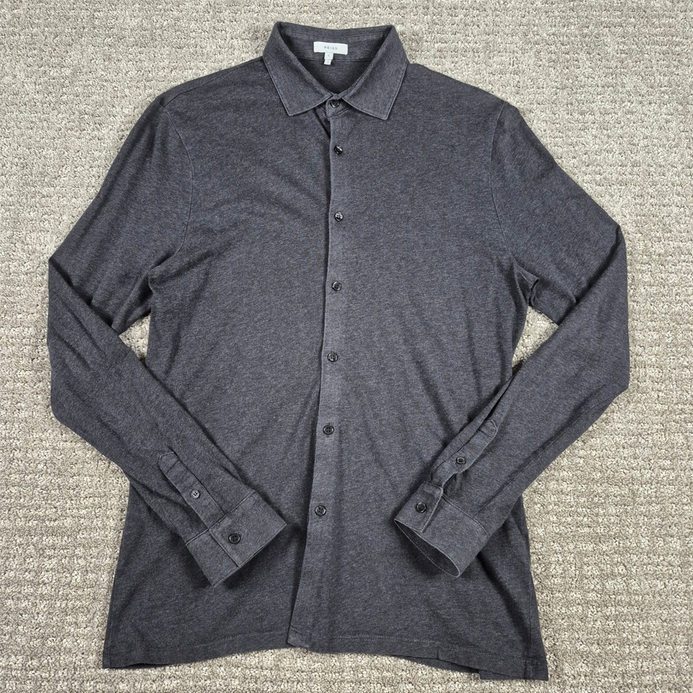 Reiss Shirt Mens L Grey Verse Button Down Jersey Long Sleeve Cotton Knit